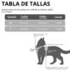 tabla de talllas de las perchera de gatos, para que el cliente escoja el tamaño adecuado.