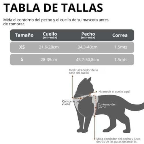 tabla de talllas de las perchera de gatos, para que el cliente escoja el tamaño adecuado.